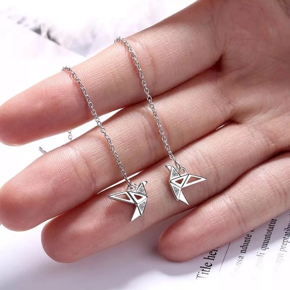Sterling Silver 925 Long Paper Crane Earrings - Picture 3 of 5